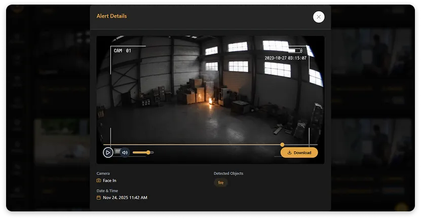 Fire alert dashboard with zone-level flame detection in production area